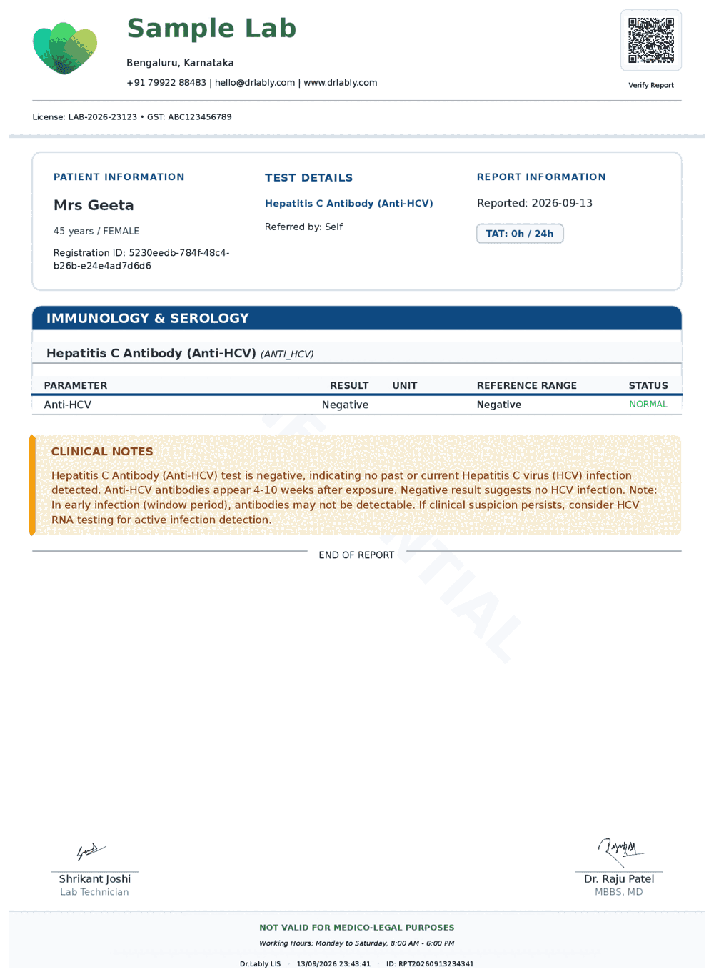 Hepatitis C Antibody (Anti-HCV) (Anti-HCV) report format sample from Dr.Lably LIS