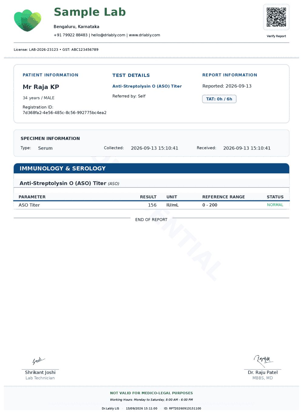 Anti-Streptolysin O (ASO) Titer (ASO) report format sample from Dr.Lably LIS