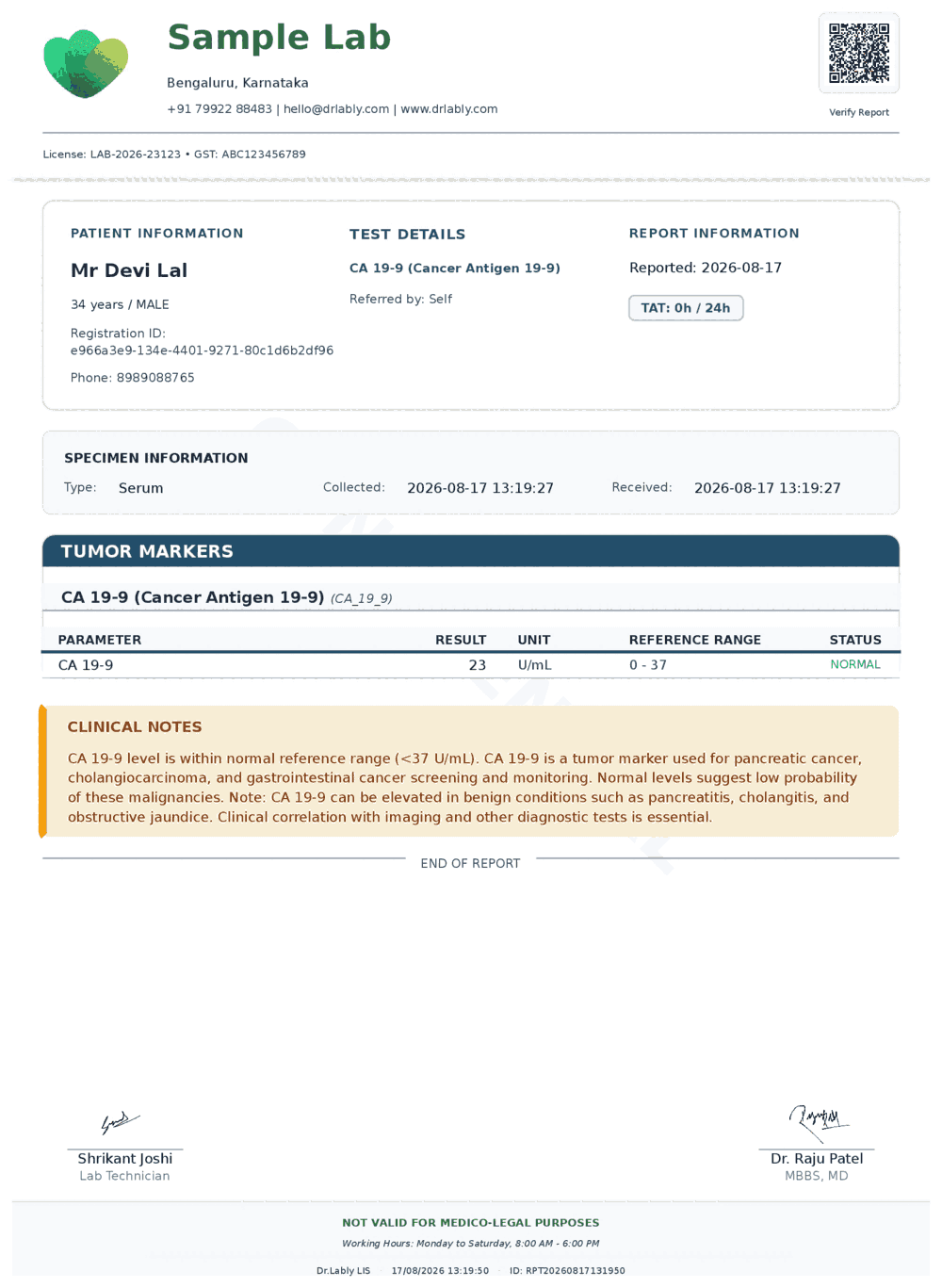 CA 19-9 (CA 19-9) report format sample from Dr.Lably LIS