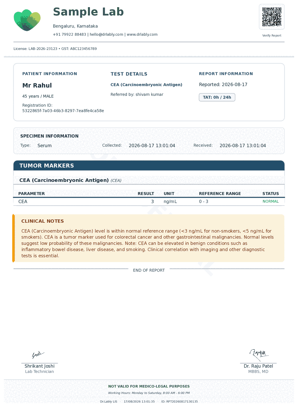CEA (CEA) report format sample from Dr.Lably LIS