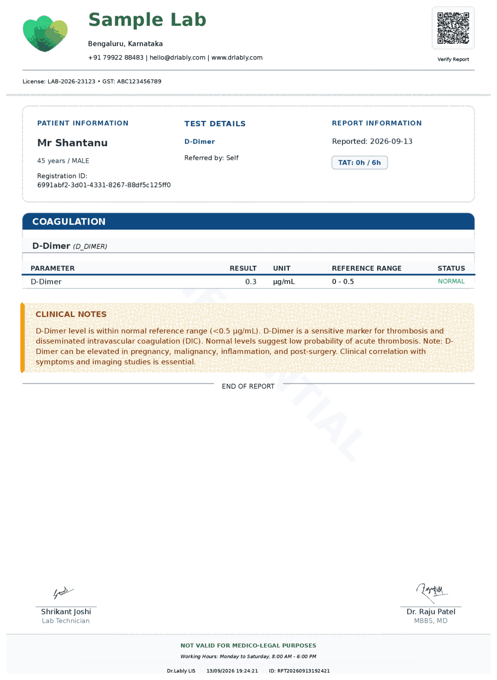 D-Dimer (D-Dimer) report format sample from Dr.Lably LIS