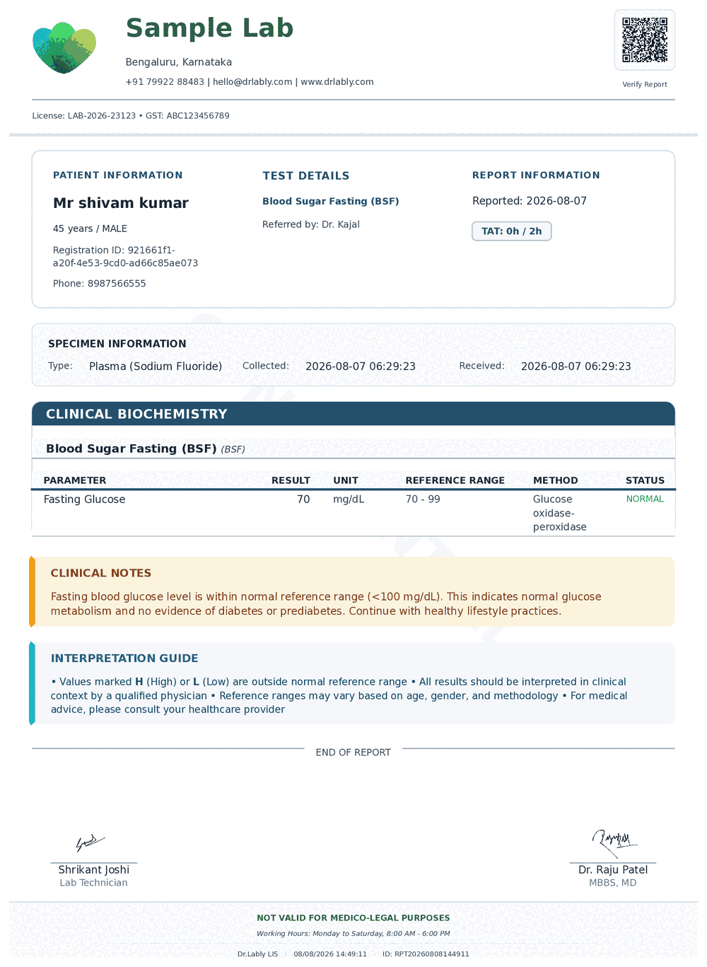 Fasting Blood Sugar (FBS) report format sample from Dr.Lably LIS