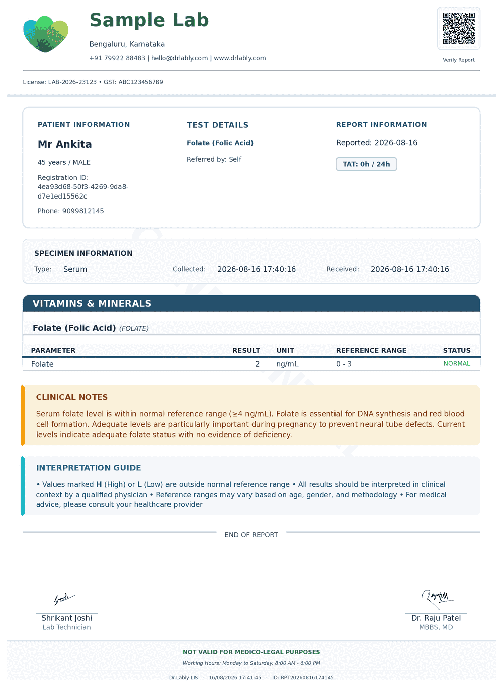 Folate (Folate) report format sample from Dr.Lably LIS