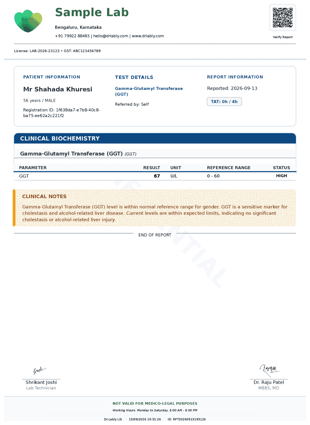 Gamma-Glutamyl Transferase (GGT) report format sample from Dr.Lably LIS