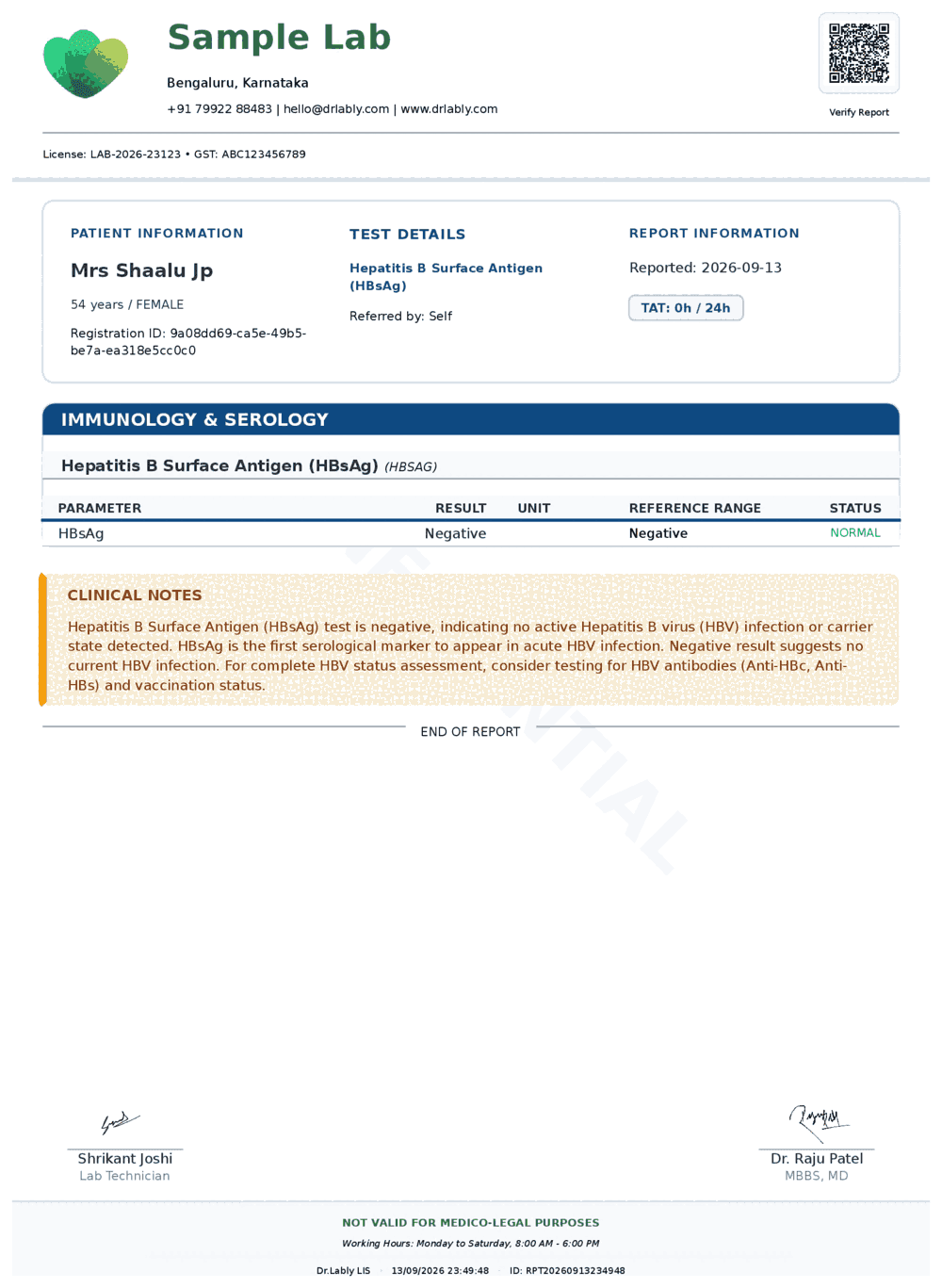 Hepatitis B Surface Antigen (HBsAg) (HBsAg) report format sample from Dr.Lably LIS