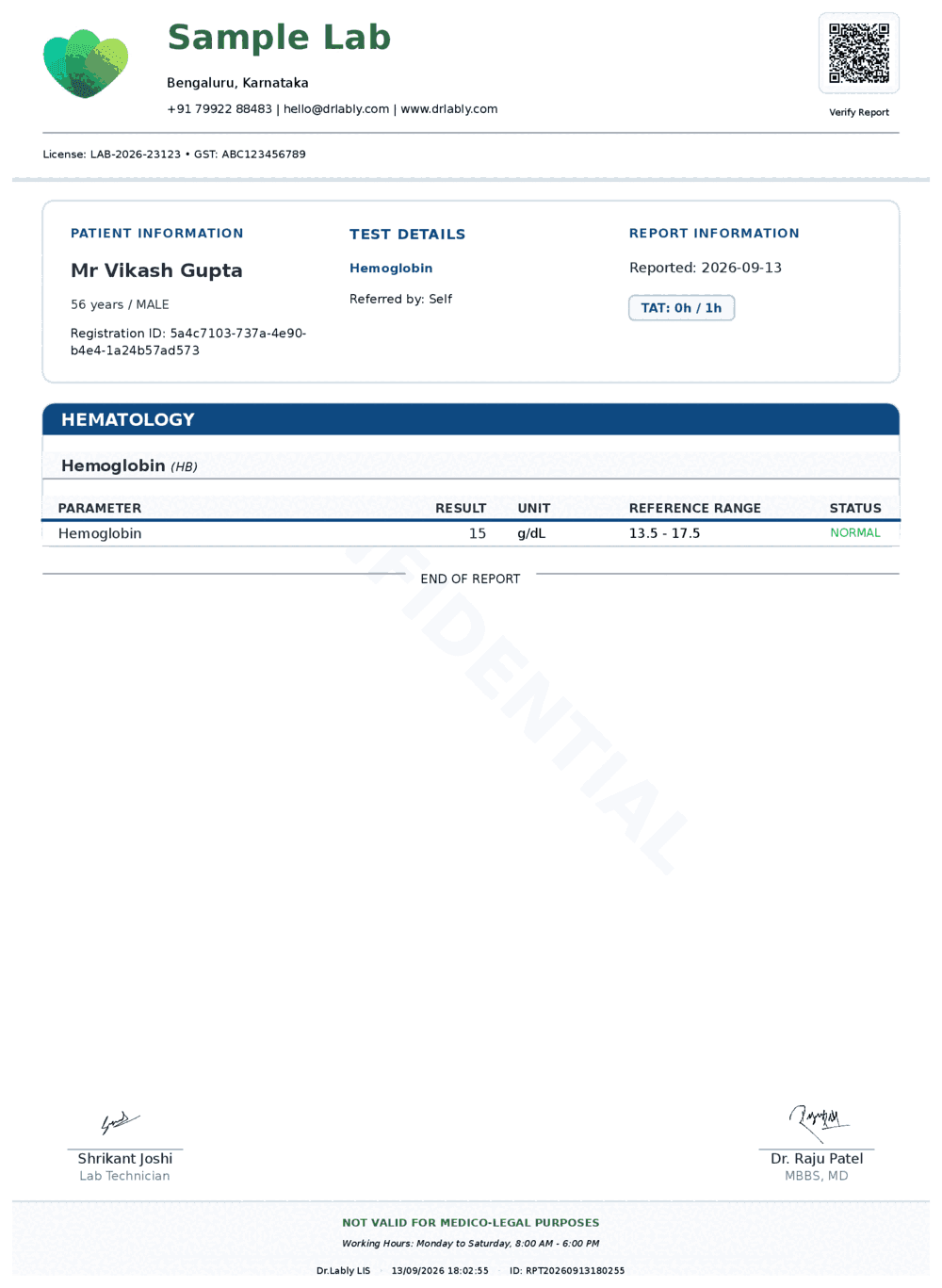 Hemoglobin (Hb) report format sample from Dr.Lably LIS