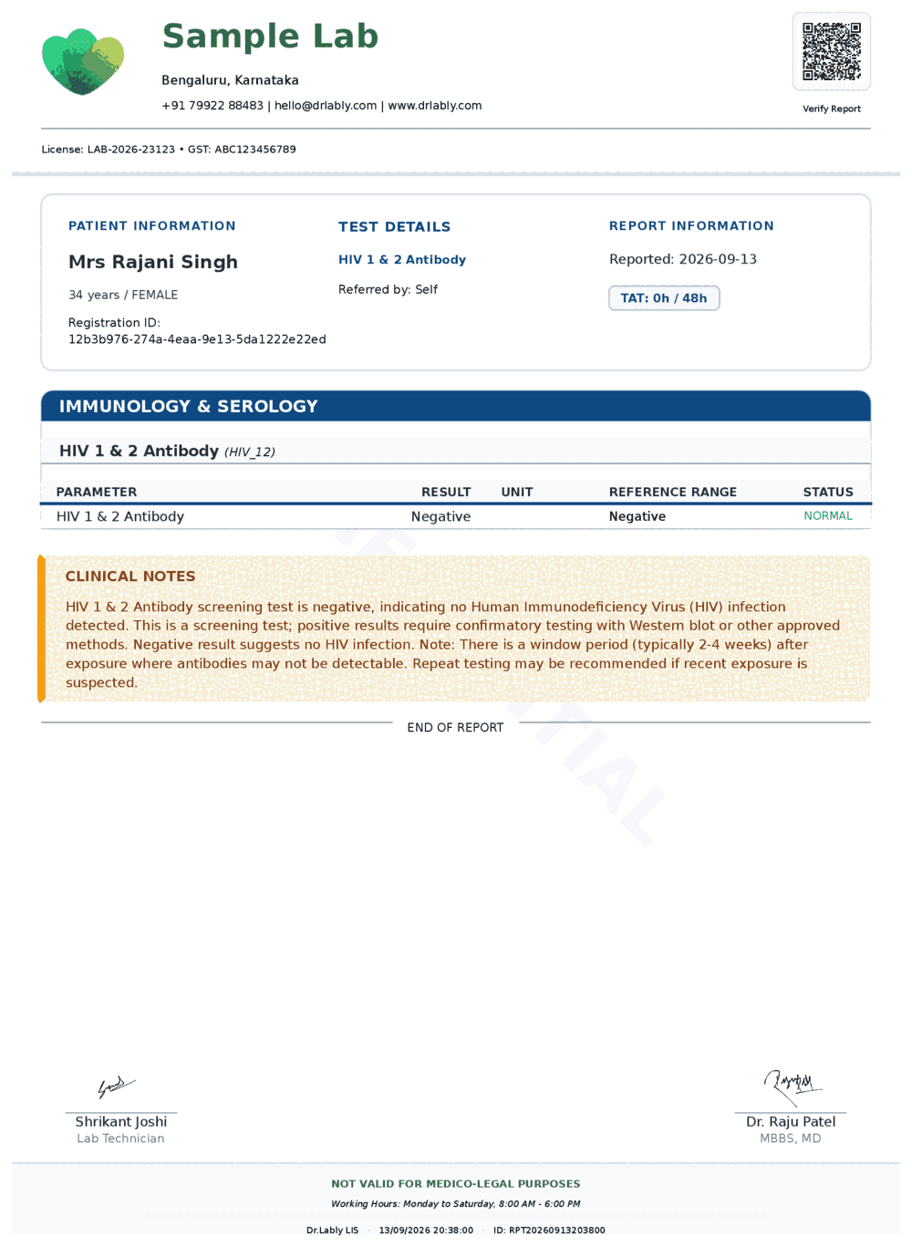 HIV 1 & 2 Antibody (HIV) report format sample from Dr.Lably LIS