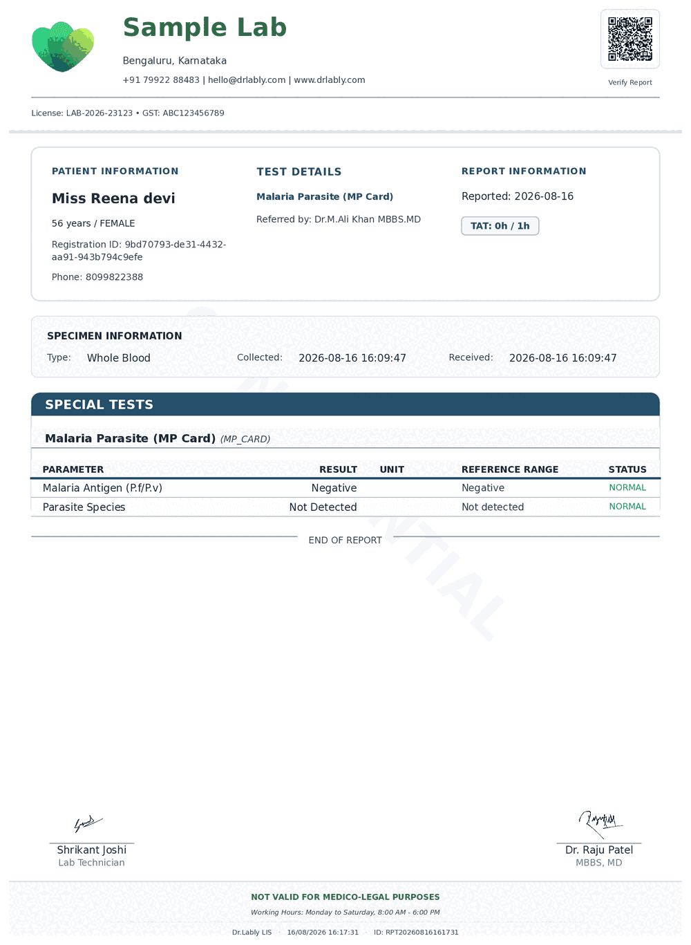 Malaria Antigen Test (Malaria Antigen) report format sample from Dr.Lably LIS