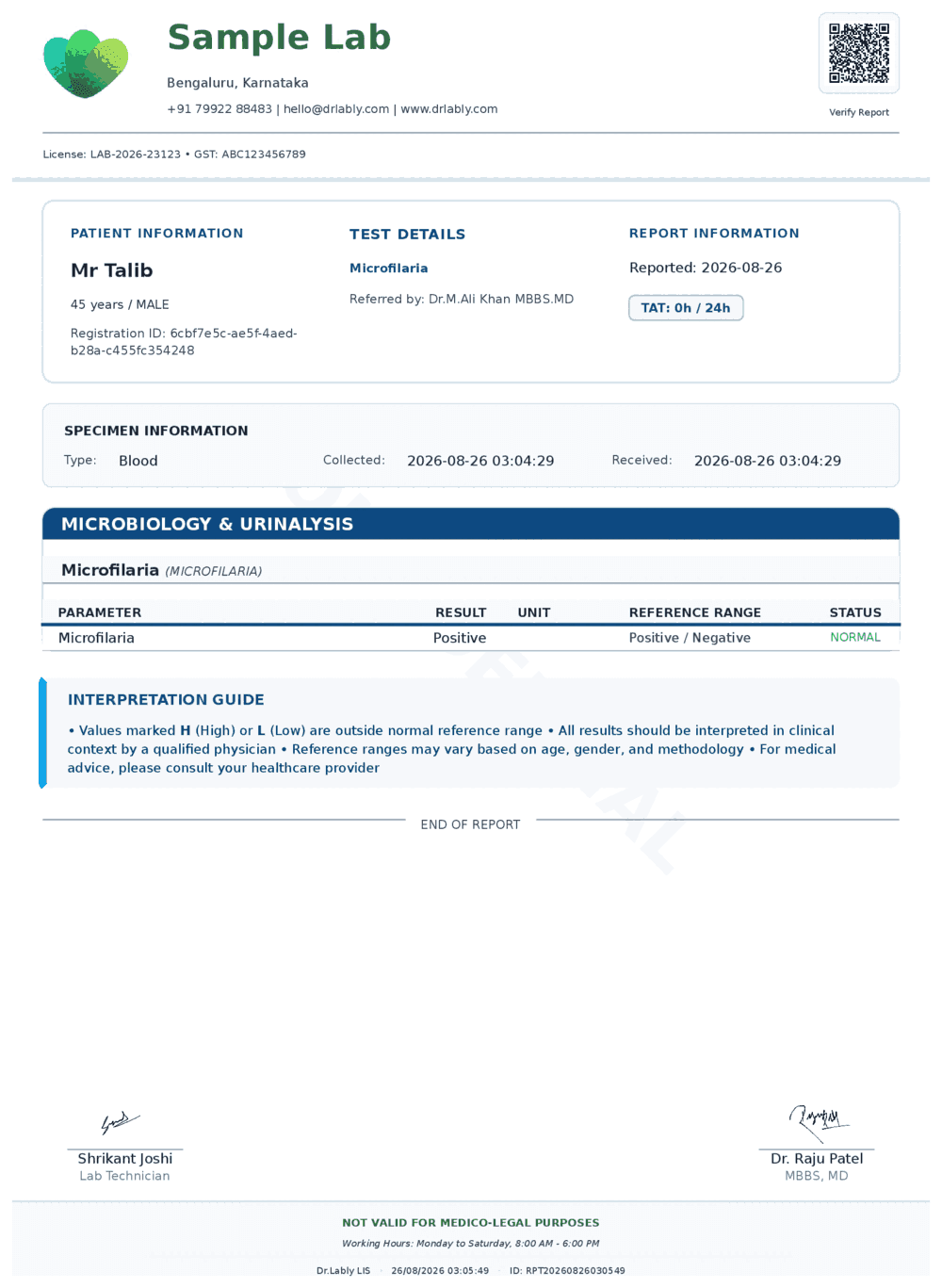 Microfilaria (Microfilaria) report format sample from Dr.Lably LIS