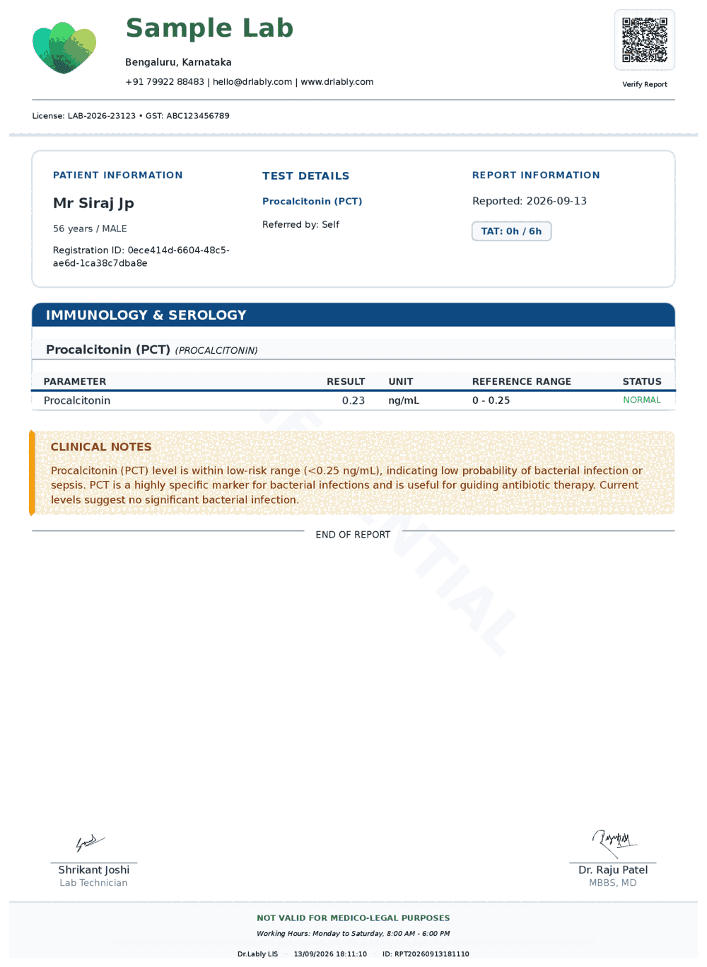 Procalcitonin (PCT) report format sample from Dr.Lably LIS