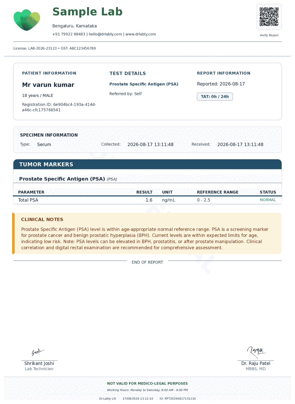 Prostate Specific Antigen (PSA) report format sample from Dr.Lably LIS