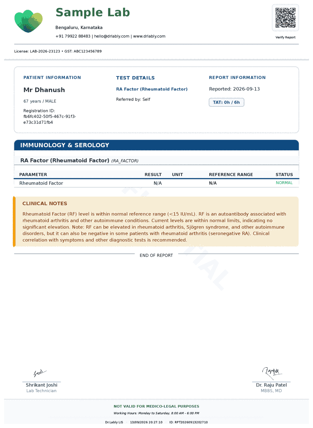 RA Factor (Rheumatoid Factor) (RA Factor) report format sample from Dr.Lably LIS