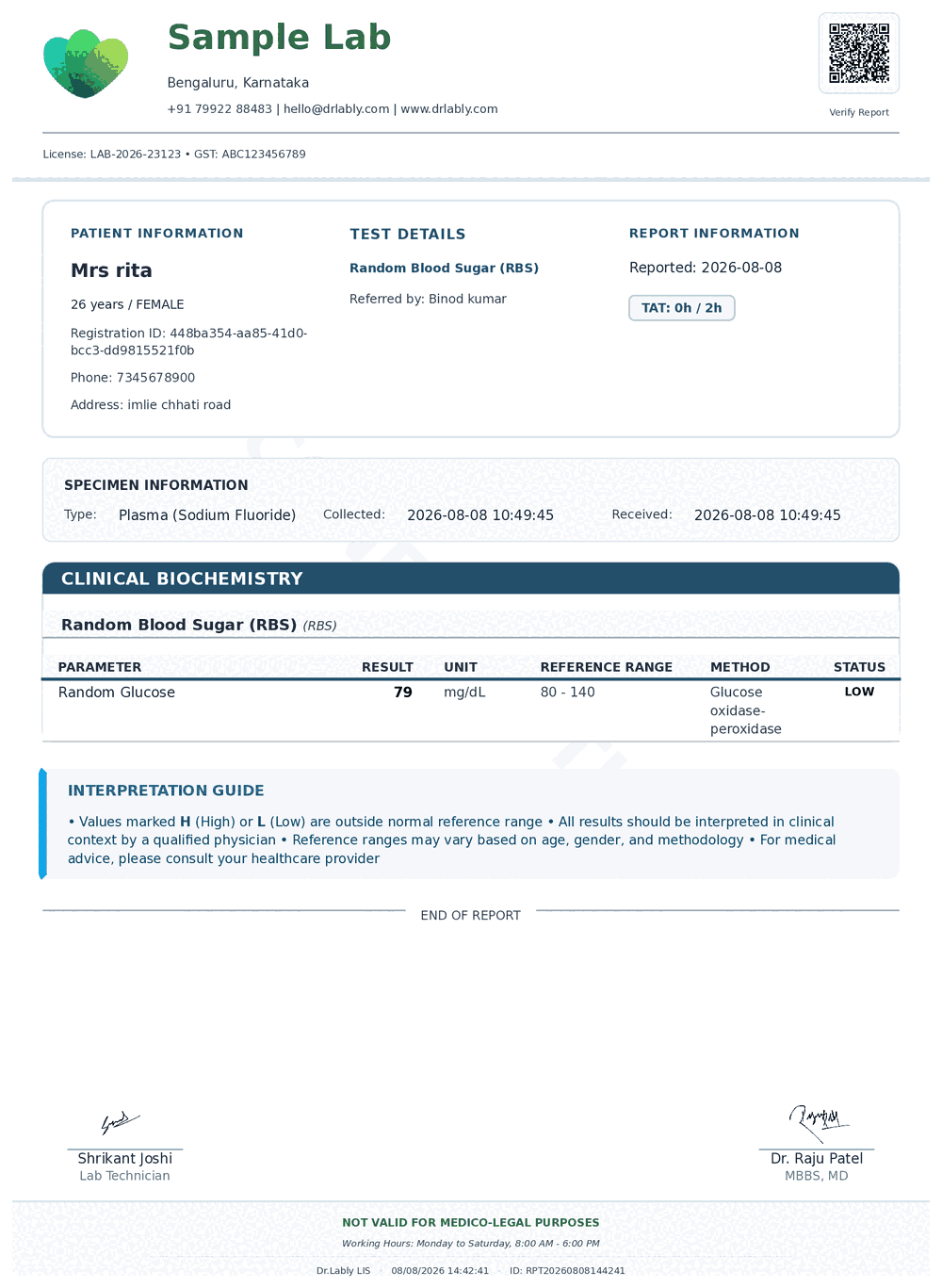 Random Blood Sugar (RBS) report format sample from Dr.Lably LIS