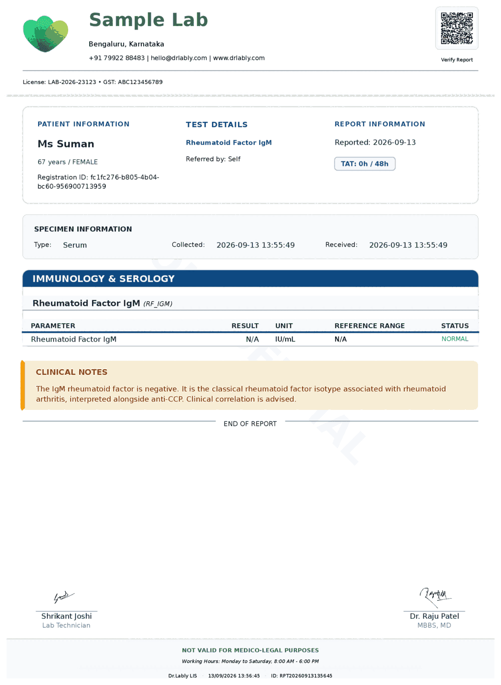 Rheumatoid Factor IgM (RF IgM) report format sample from Dr.Lably LIS