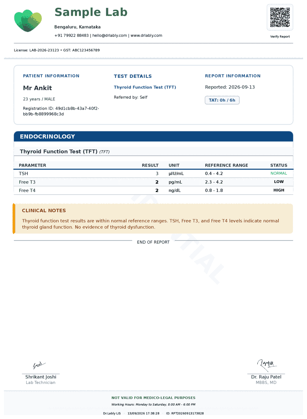 Thyroid Function Test (TFT) report format sample from Dr.Lably LIS