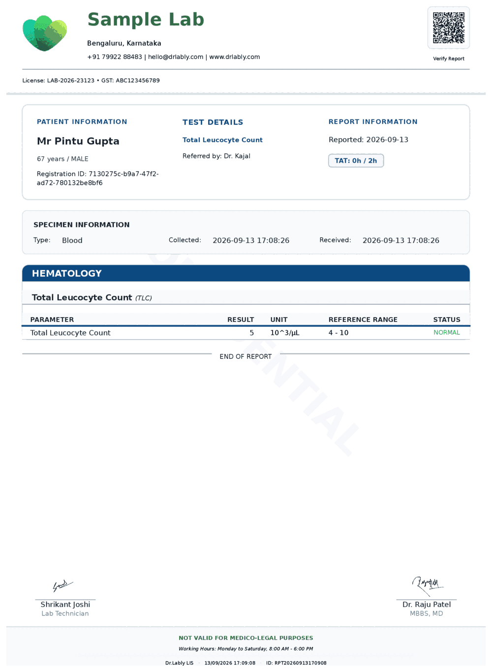 Total Leucocyte Count (TLC) report format sample from Dr.Lably LIS