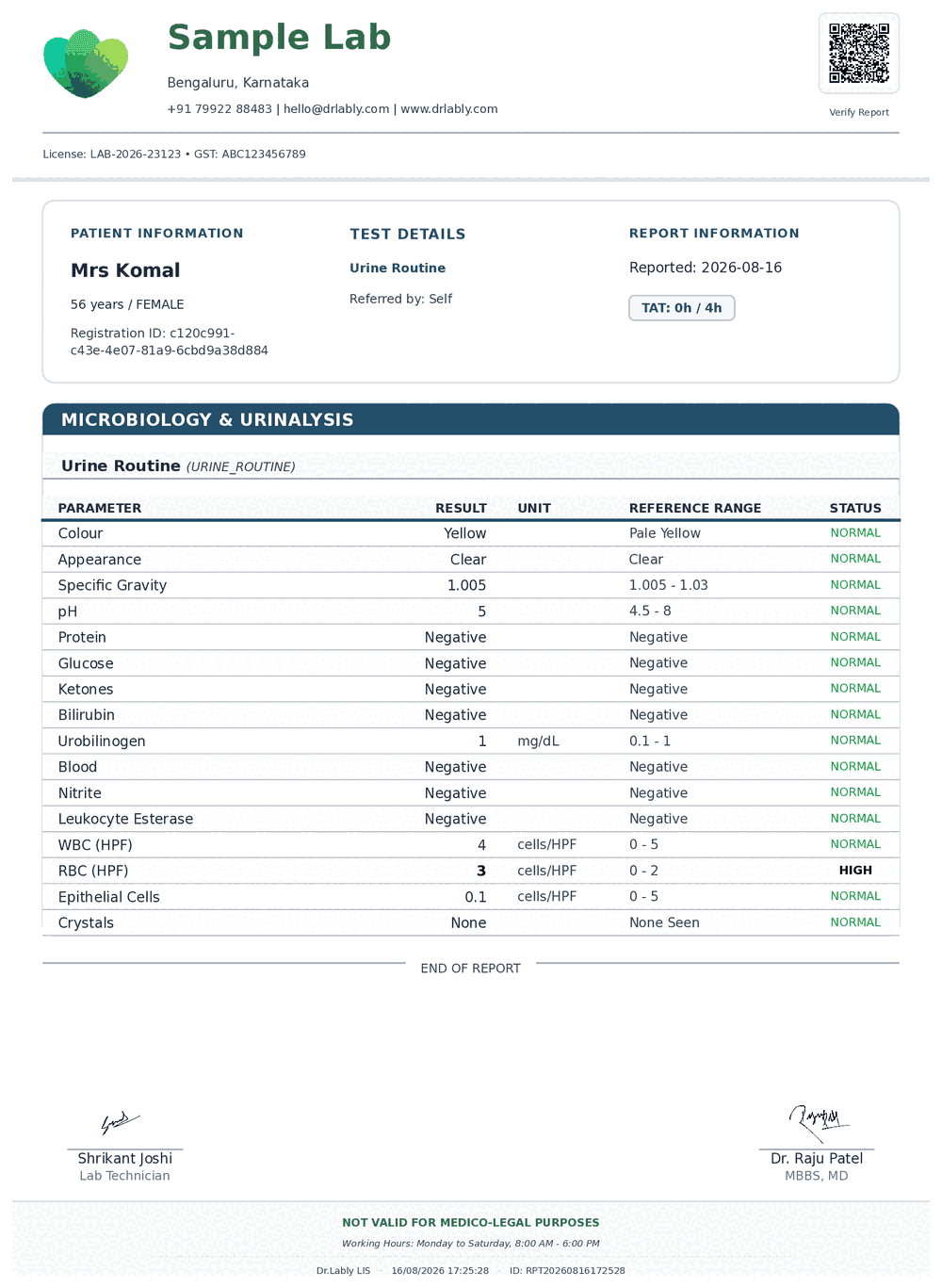 Urine Routine Examination (Urine Routine) report format sample from Dr.Lably LIS