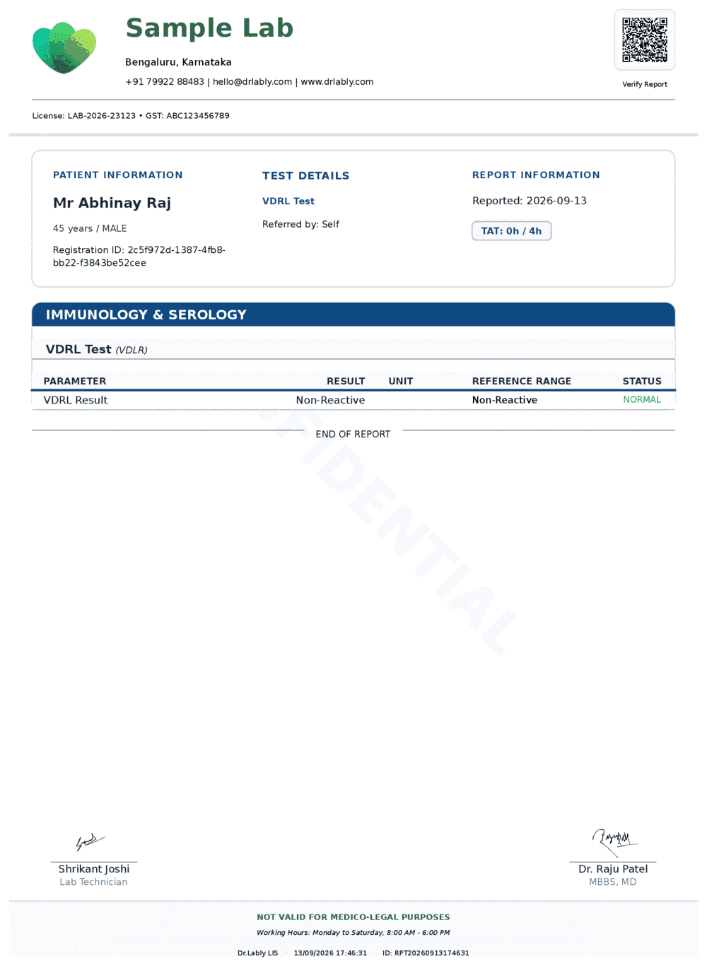 VDRL Test (VDRL) report format sample from Dr.Lably LIS