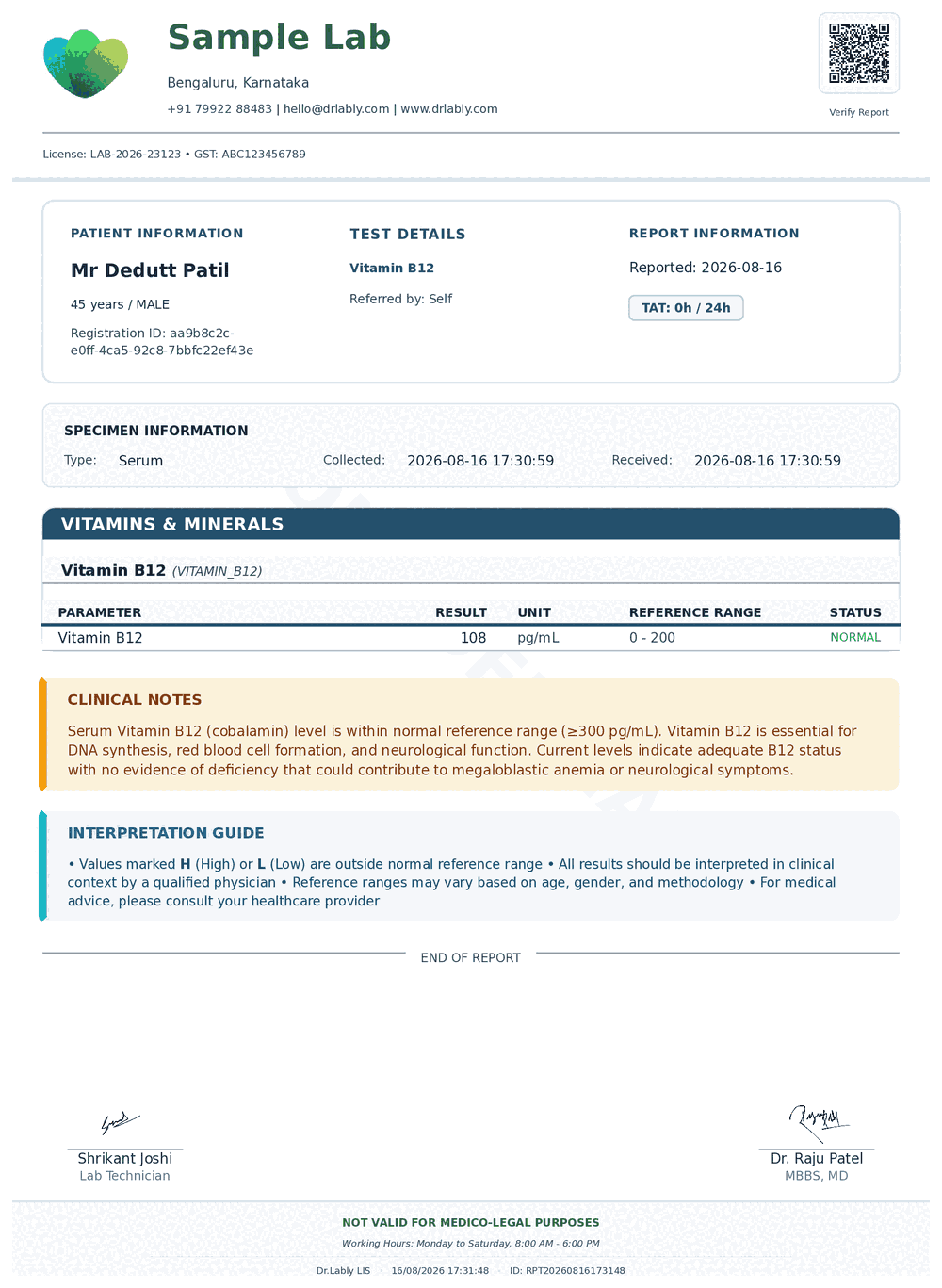Vitamin B12 (Vitamin B12) report format sample from Dr.Lably LIS