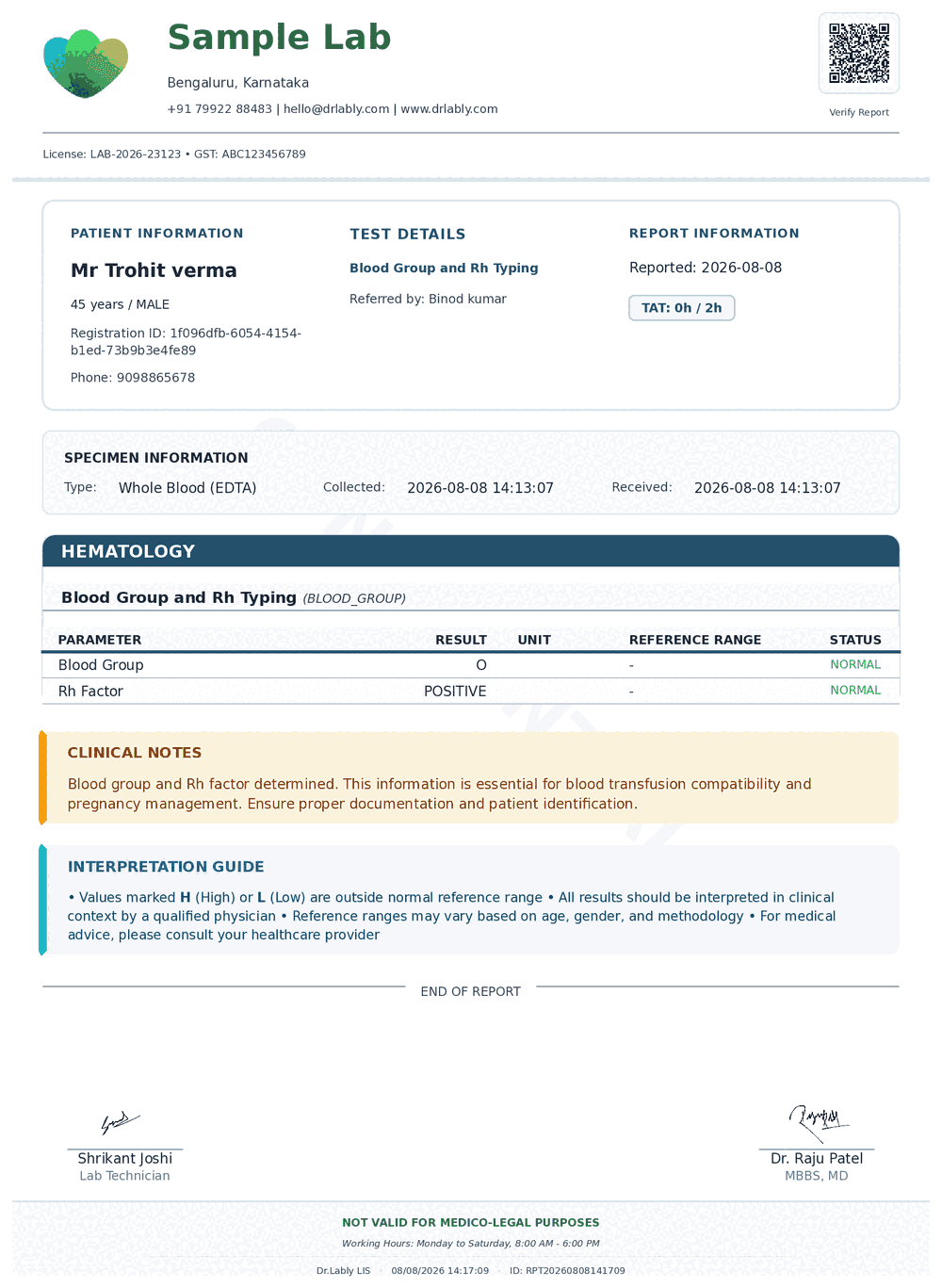 Blood Group and Rh Typing (Blood Group) report format sample from Dr.Lably LIS