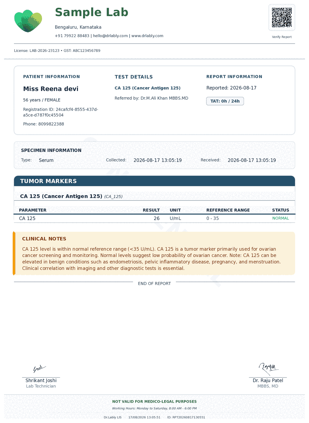 CA 125 (CA 125) report format sample from Dr.Lably LIS
