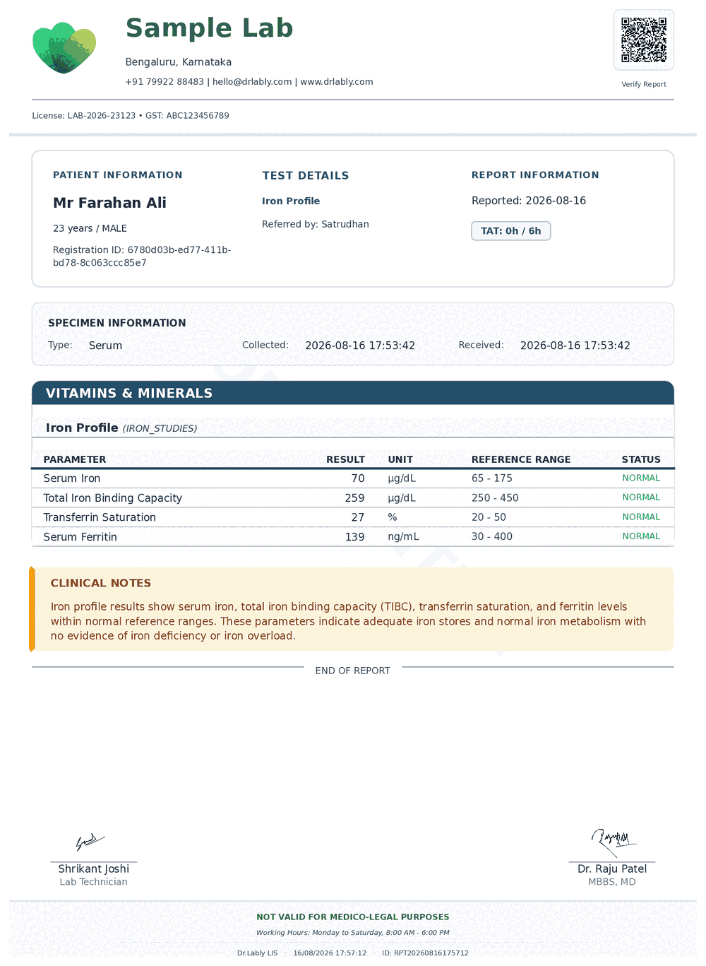 Iron Profile (Iron Profile) report format sample from Dr.Lably LIS