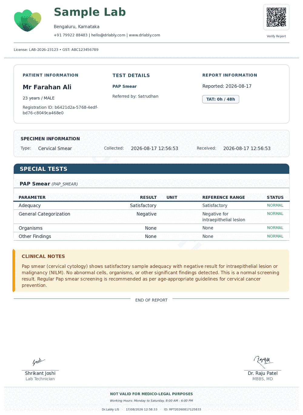 PAP Smear (PAP Smear) report format sample from Dr.Lably LIS