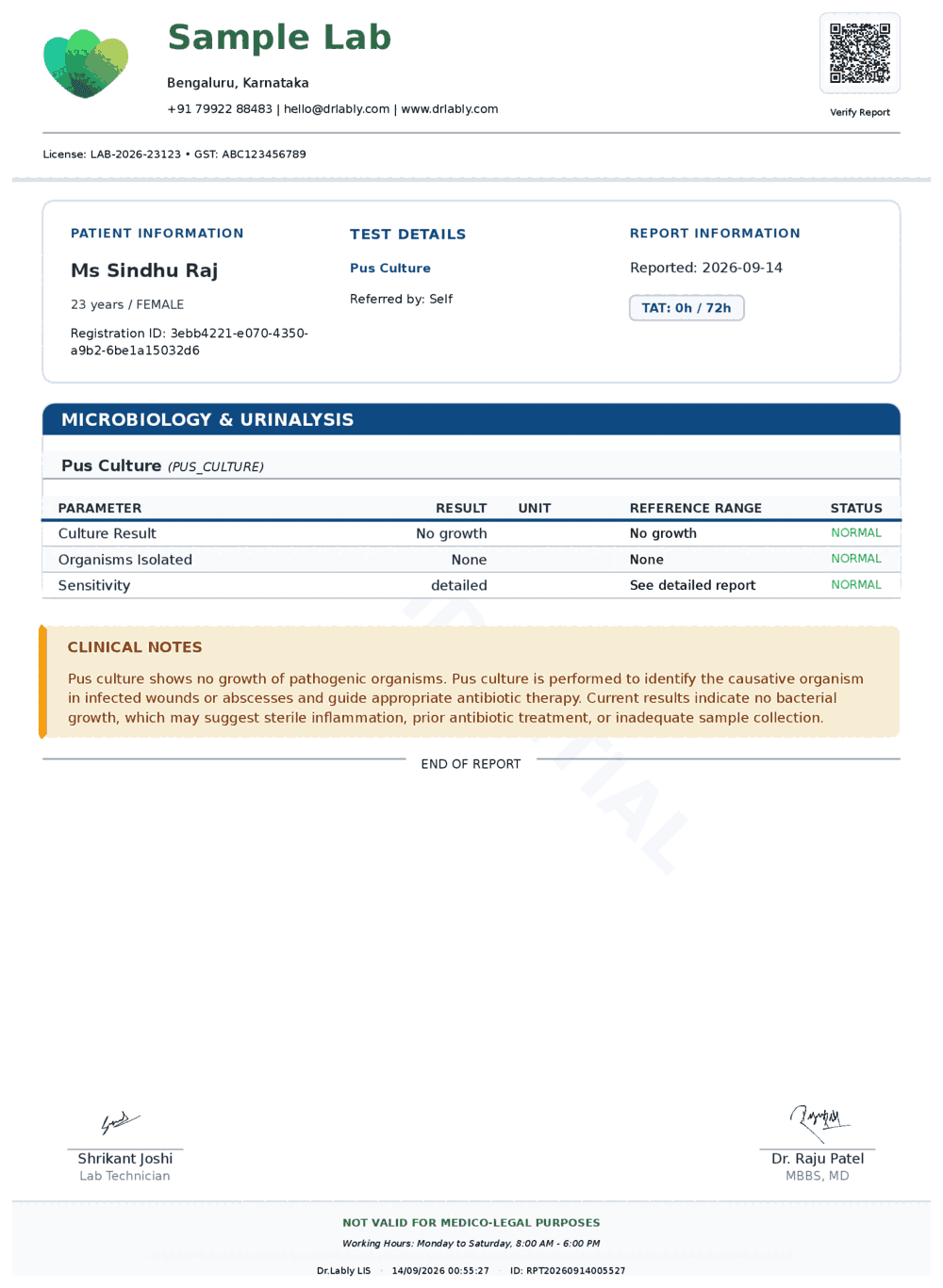 Pus Culture (Pus Culture) report format sample from Dr.Lably LIS