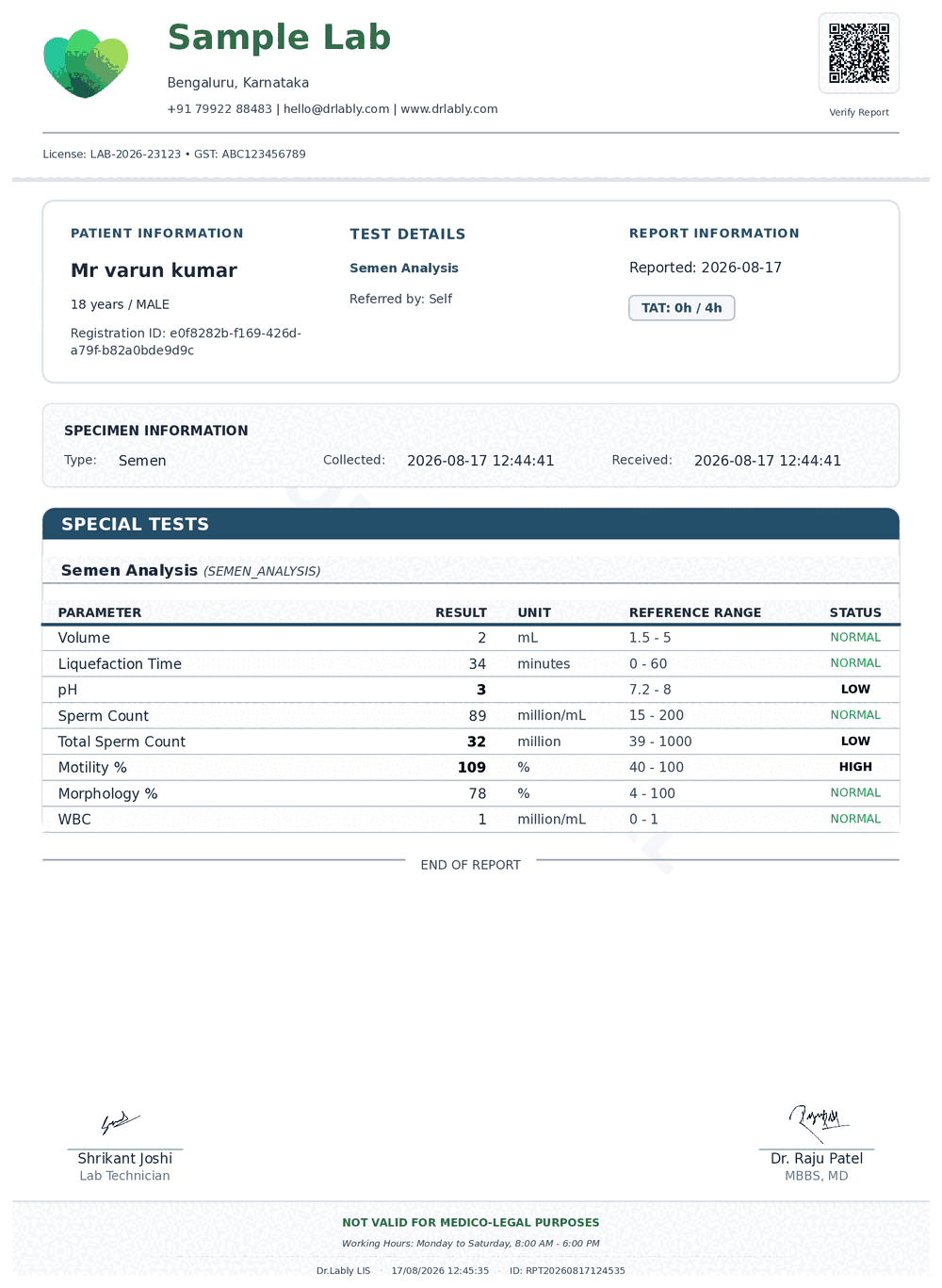 Semen Analysis (Semen Analysis) report format sample from Dr.Lably LIS