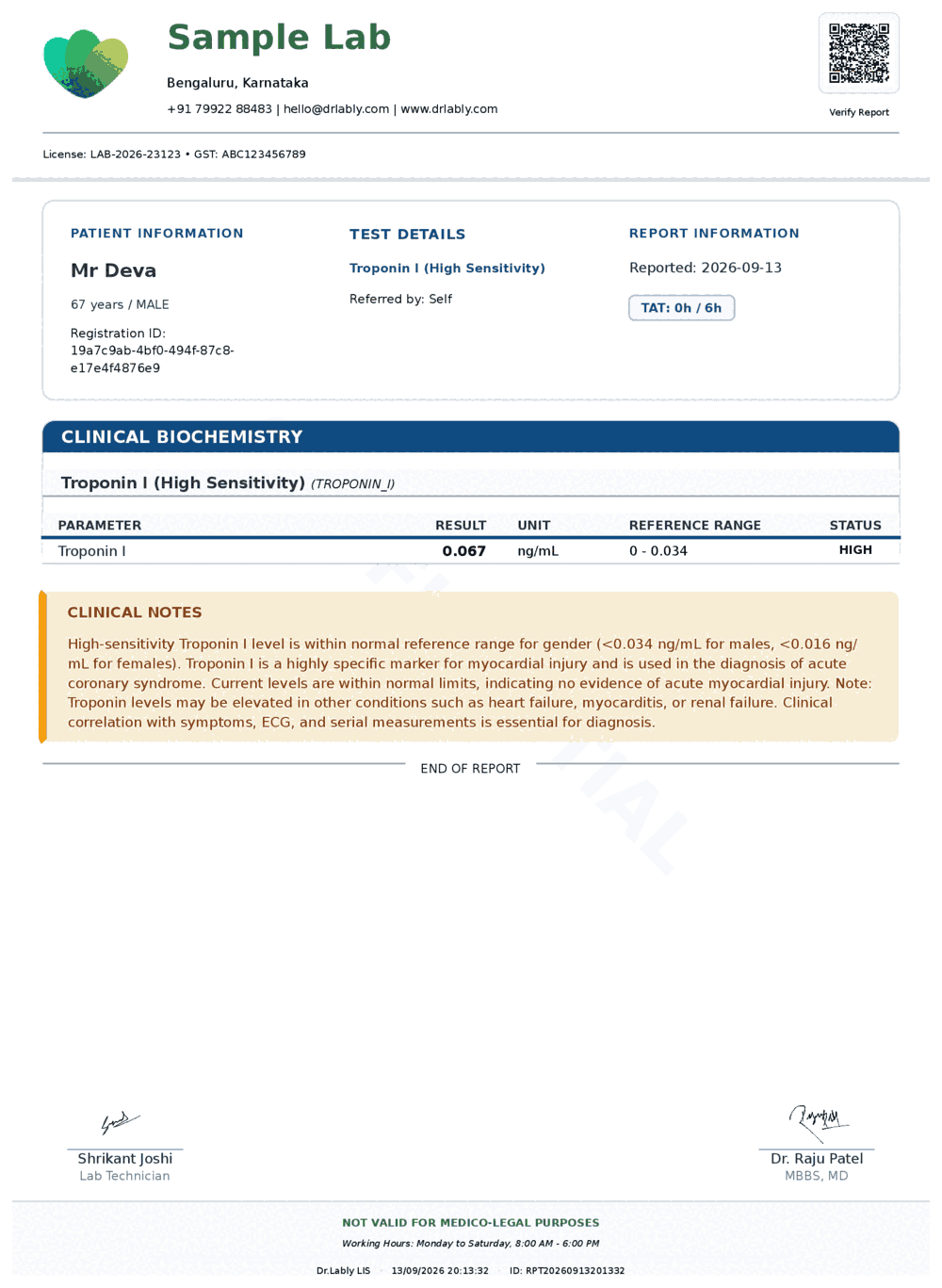 Troponin I (High Sensitivity) (Troponin I) report format sample from Dr.Lably LIS